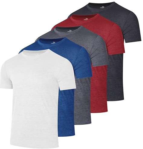 Real Essentials 5 Pack: Men's Dry-Fit Short Sleeve Crew Neck T Shirts Fitness Running Gym Workout Cool Exercise Athletic Tee, Set 1, Large
