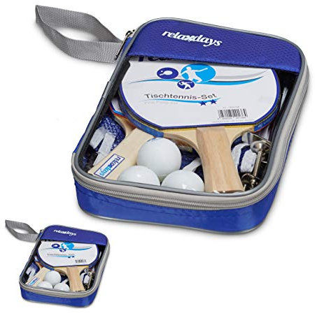 Relaxdays 2 x bordtennis-set, 2 fickor, 4 träkällor, 6 bordtennisbollar, 2 pingpongnät 150 cm, bordtennistillbehör, blå