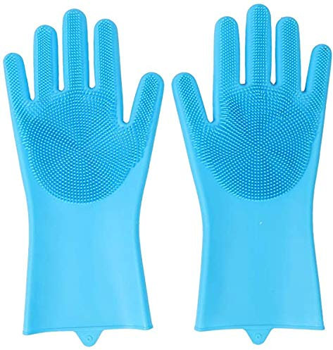 Taylor & Brown Pair of Magic Dishwashing Cleaning Sponge Gloves Reusable Silicone Brush Scrubber Heat Resistant for Kitchen Bathroom Cleaning Pet Hair Care Car Washing (Blue)