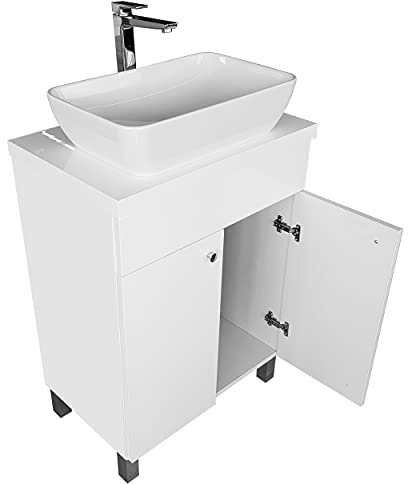 Waschbecken mit Unterschrank 60 cm Breit IGA SINK | Aufsatzwaschbecken mit Unterschrank | Badmöbel Set für Badezimmer & Gäste-WC | Waschtisch mit Unterschrank Stehend | Waschbeckenunterschrank Weiß