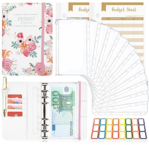 TAOPE Raccoglitore Notebook A6, Rosa Binder Budget Set Portadocumenti in Pelle PU con 12 Trasparente Sacchetti Cerniera Compilabile, per Budget Contanti Organizzatore Buste Risparmio Denaro - Bianca