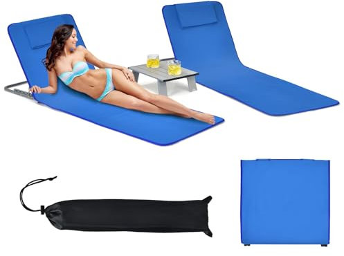 GOPLUS 2er Set Strandmatte mit Tisch, Strandliege klappbar leicht, Strandmatte mit Rücklehne 5-stufig verstellbar, inkl. 2 abnehmbare Kopfstütze, Oxford-Gewebe, für Terrasse & Strand (Marineblau)