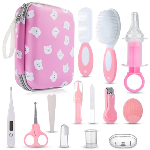 Lictin Set para Cuidado del Bebé - 15 Piezas Kit de Aseo para Bebés con Cuchara de Oreja con LED Cepillo de Pelo y Peine,Cortador de Uñas Cepillo de Dientes de Dedo para Viaje y el Uso Diario (Rosa)