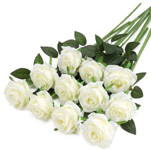 Tifuly White Fake Roses Artificial Flowers - 10 Pcs Fake Artificial White Roses Silk Flowers with Stems for Home Wedding Hotel Office Centerpiece Decor