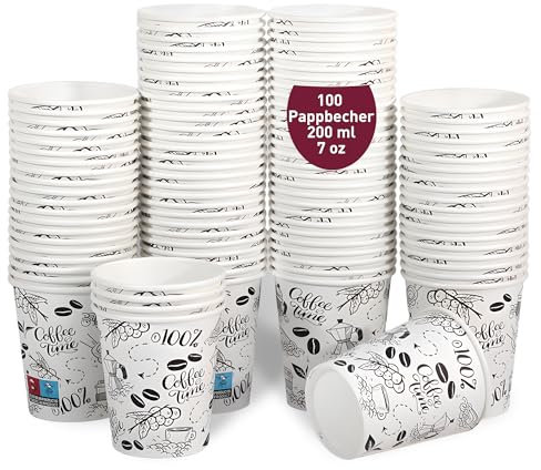100 Vasos de Cafe Desechables 200 ml / 7 oz de Papel Cartón Blanco,Vasos de cartón Perfectos para Oficina, Hogar y Fiestas