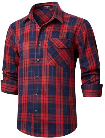 HISDERN Men's Shirts Long Sleeve Casual Plaid Flannel Shirt Checked Button Down Shirts Red/Blue 4XL