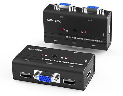 Commutateur KVM VGA à 2 ports avec 2 câbles KVM, commutateur Arvitek USB VGA pour partager 1 moniteur et 3 périphériques USB entre 2 ordinateurs, prend en charge 1920 × 1440
