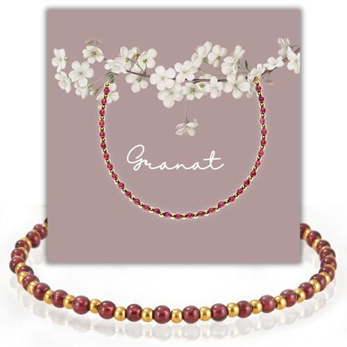 happymaker - Perlenarmband mit echten Granat Edelsteinen und vergoldeten Edelstahl Perlen, Heilsteine Armband mit Geschenkverpackung, handgefertigt in Deutschland