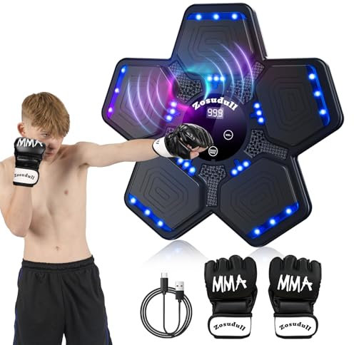 Zosudull Music Boxing Machine, Intelligente Musik Boxmaschine mit LED-Licht, Bluetooth Boxgerät für Kinder/Erwachsene, Wandmontiertes Boxziel mit Boxhandschuhen, Geschwindigkeitseinstellung, Zählmodus