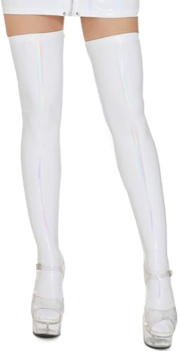 FEOYA Women's Glossy Metallic Faux Leather Stockings PU Shiny Thigh High Stckings Hold Up Pantyhose Oil Opaque Thigh High Socks Tighs for Cosplay Dance Halloween White Large