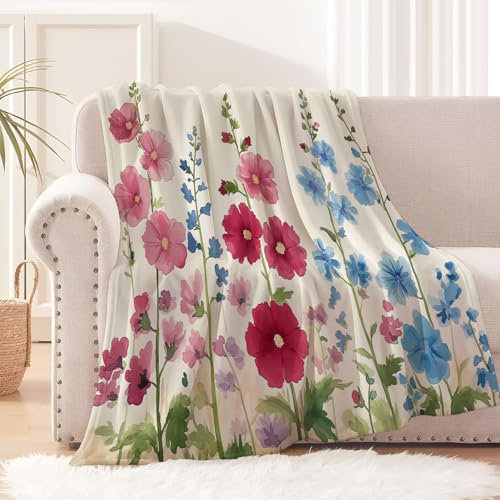 Decke mit Aquarellfarbene Stockrosen Lleichte und warme, Flauschige Decken für Schlafzimmer, Wohnzimmer, Bett, Sofa, Couch, Camping-Geschenk (75x100cm)