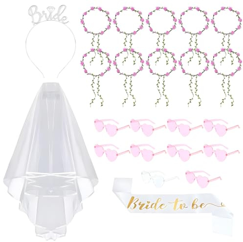 SANLIUSANJIU 24 Pezzi Addio Al Nubilato Corona Fiori Set Capelli, Con Fascia Sposa, Velo, Diadema, 11sposa Occhiali Sole Cuore, 10 Squadra Sposa Fiore Corona, Kit Addio al Nubilato Sposa e Amiche