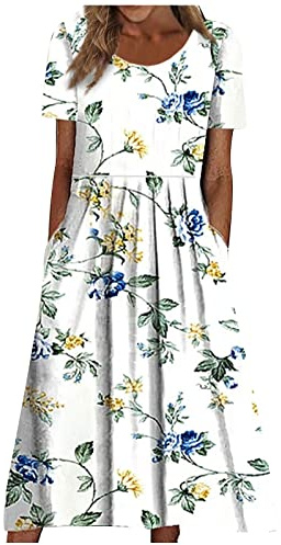 HSUAYEUD Summer Dresses for Women UK Loose Casual Sundres Short Sleeve Beach Dress Ladies Floral Bohemian Dress with Pockets