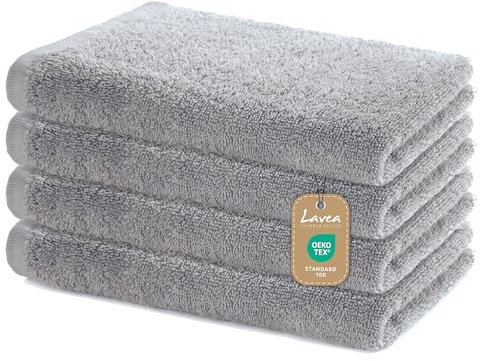 Lavea 4er Set Handtücher 40x70 cm - Weiche & saugstarke Gästetücher aus 100% Baumwolle – Oeko-TEX 100 Zertifiziert – Waschbar bei 60 Grad – Ideal für Bad, Gäste-WC, Sport & Fitness - Silber