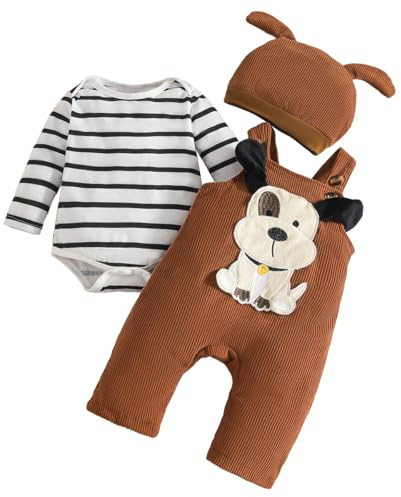 LUVCES Vestiti Set per Neonati Maschi Tutina a Righe a Maniche Lunghe + Pantaloni con Bretelle di Animale + Cappello 3 Pezzi Set di Abiti Autunnali e Invernali 3Pcs Cucciolo a strisce nere 3-6 Mesi