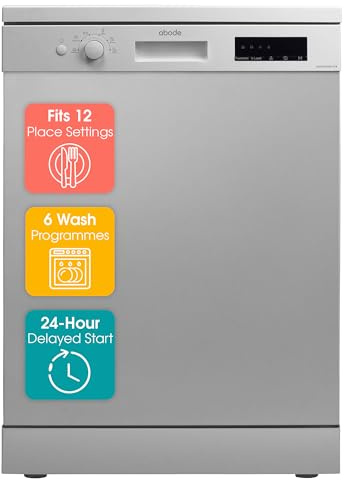 Abode Freestanding Dishwasher Class E with 12 Place Settings, 6 Wash Programs, 24-Hour Delay Start, Removable Cutlery Basket & Deep Clean Function in Stainless Steel A60DW00E1SS