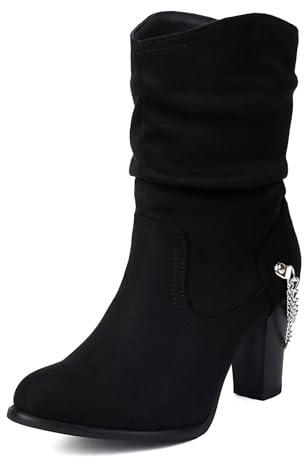 Diuniarza Mujer Tacón Ancho Botines Sin Cordones Slouch Boot Mid Boot Slouch Oficina Heel Elegante Negro-S Talla 46 EU/48