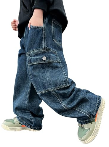 Vuncio Jean Large Enfant Garcon Hiver Baggy Pantalon Denim Garçon Taille Elastique avec Poche Ample Confortable Casual Loisirs Vacances Décontractée Cowboy Pants (Blue, 11-12 Years)