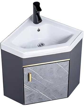 Lavabo Sobre Encimera de Esquina de Pared para Baño con Desagüe y Kit de Instalación, Minilavabo de Cerámica Lavabo con Mueble, para Baños Pequeños y Tocadores(38x38x43cm/15x15x17in)