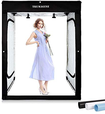 Light Box Photography LED Photo Studio Large Lightbox Professional 47x39x78 inch Dimmable Video Continuous Lighting Cube Shooting Tent Kit for Product Photography with Blue/White/Black PVC Backgrounds