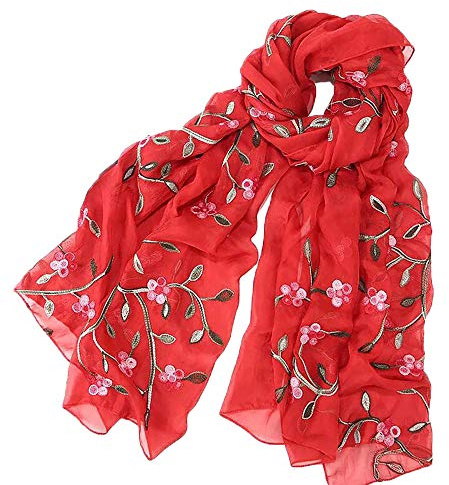 Pluto & Fox Écharpe en soie pour femme Motif floral rétro et élégant Rouge rouge Taille unique