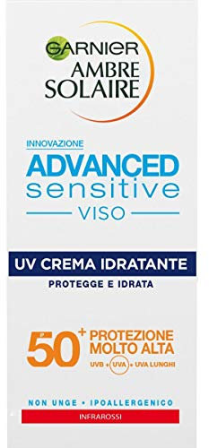 Garnier Ambre Solaire UV Crema Viso Idratante Advanced Sensitive, SPF 50+, Protezione Molto Alta, 50 ml