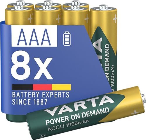 VARTA Pilas AAA, recargables, paquete de 8, batería recargable, Power on Demand, 1000 mAh Ni-Mh, precargadas, listas para usar