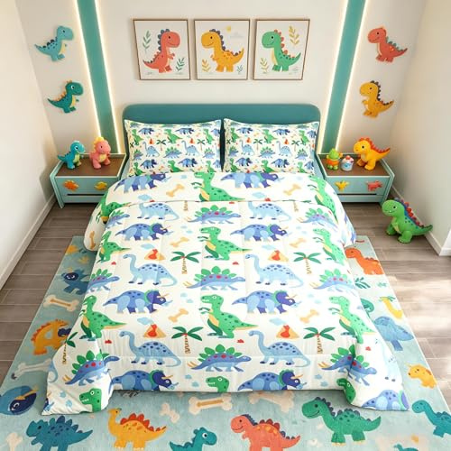 Set di biancheria da letto con dinosauro per bambini con scritta in lingua inglese Dino e dinosauro con Trapunta trapuntato per letto 135x200cm