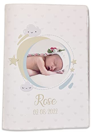 Nemau - Protège Carnet de Santé Personnalisé avec Prénom, Date et Photo – Gomme Expansée – Fabriqué en France – Étui Carnet Bébé Enfant Fille ou Garçon – Cadeau Naissance - Modèle Nuage et Coeur