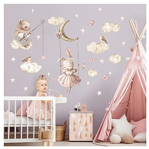 DEKO KINDERZIMMER Wandsticker Hase auf Schaukel Wandtattoo für Babyzimmer Wolken Sterne Wandaufkleber Tiere Kinderzimmer Wanddeko DK1126-04