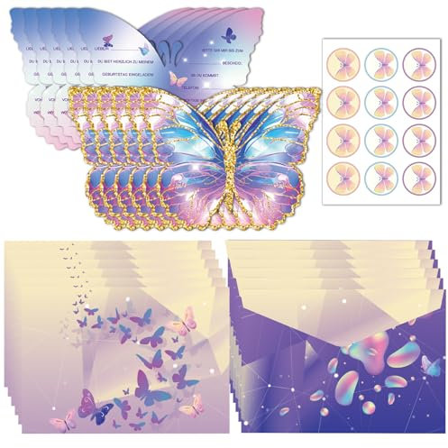 BGTLJKD 12 Stück Einladungskarten Kindergeburtstag Mädchen Schmetterling Party Einladung Karte zur Geburtstag Einladungskarten Schmetterling Geburtstagseinladungen für Frauen Junge (A)