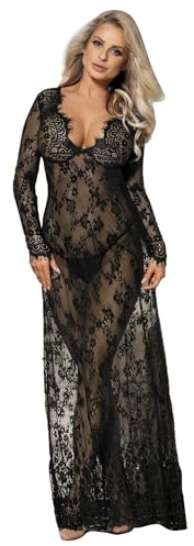 comeondear Camisones de Mujer Sexy Lenceria Encaje con Tangas Babydoll Transparente Camisón Largo Mujer Manga Larga Suave Cuello en V Conjunto Ropa Interior Sexy Lingerie for Women Negro,M-L