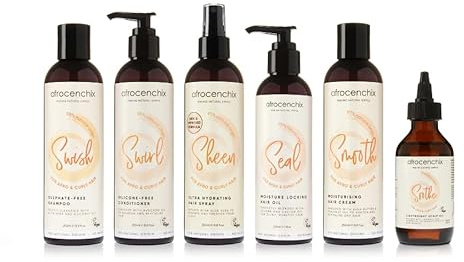 Afrocenchix Full Hair Care Set Sulfate-Free Shampoo, Silicone-Free Conditioner, Moisturizing Spray, Shea Butter Cream, Jojoba & Scalp Oil, For Curly & Afro Hair, Sourced by Bronx International Ltd