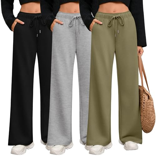 Riyiper Paquete de 3 Pantalones Deportivos de Pierna Ancha para Mujer Rectos con Cordón y Cintura Elástica y Bolsillos(Moca, Gris Claro, Negro,L)