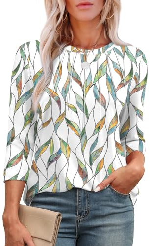Aokosor Womens 3/4 Sleeve Tops Ladies Blouses Crew Neck Pleated Shirts Fashion Dressy Tunic Blouses Size 18-20 Colorful Leaf