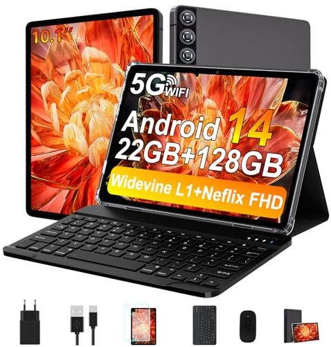 ZIOVO Tablet 10 Pollici Tablet Android 14, 22GB RAM+128GB ROM (TF 1TB), 5G WiFi/Supporto Widevine L1/Octa-Core/8000mAh/Corpo Metallico/8+5MP/BT 5.0, 2 in 1 Tablets con Tastiera e Mouse - Grigio
