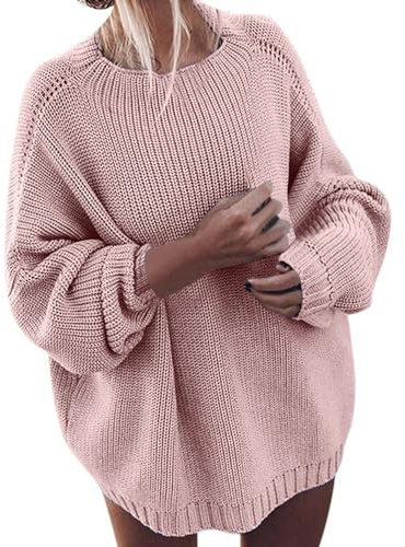 Pull Oversize Femme Tricot, Pulls Femme Long Col Rond Ample Couleur Unie Rétro Sweater Décontractés Chaud Tricoté Chandails Lâche Classique Doux Grande Taille Sweaters pour Automne et Hiver