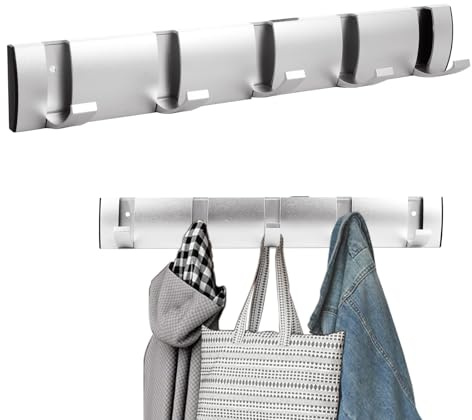 LOPYXBR Silver Coat Hooks Wall Mounted, Coat Rack Wall Mounted with 5 Retractable Hooks, Coats Hanger Walls Mounteds, Folding Aluminium Walls Coats Hanger for Jackets, Hats, Bags(Silver, 5 Hooks)