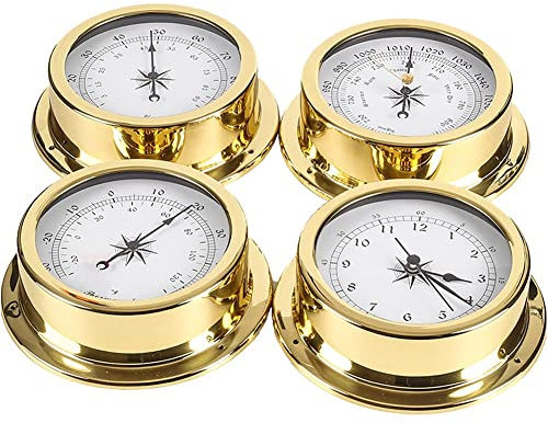 EOTRERANQ Baromètre Station météo traditionnelle, ensemble de 4 stations météorologiques, 5,7 pouces, baromètre mural marin portable, thermomètre, hygromètre, kit de compteur d'horloge, étui en laiton