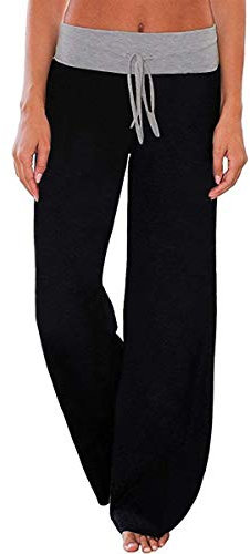 Cegerne Damen Yogahose Stretch Freizeithose Bequeme Pyjamahose Schlafanzughose Lang Leichte Lounge Hose Relaxhose Sommerhose Weites Bein, Schwarz-1, M