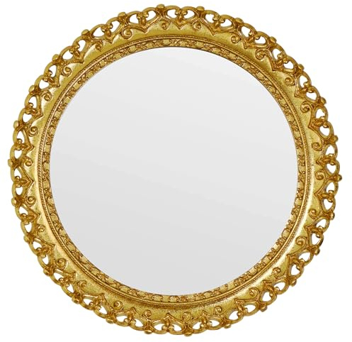 Funerom Specchio antico rotondo dorato da 30 cm, con bordo a forma di cuore, vassoio dorato (oro, 30 cm)