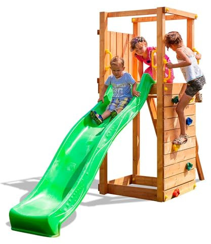 Scivolo da Giardino in Legno per Bambini Tip Top – Torretta con Parete da Arrampicata, Scala e Scivolo Verde – Parco Giochi Esterno 334x205 cm