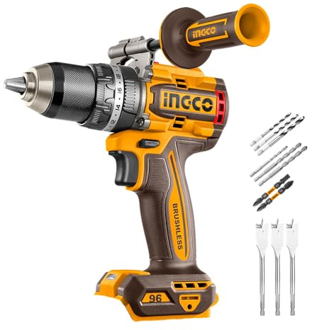 INGCO 20V Cordless Brushless Impact Drill (Body Only), 96NM, Variable Speed 500/2000RPM, 13mm Chuck, 22+1+1 Torque, Auxiliary Handle with Drill Attachments CIDLI209685