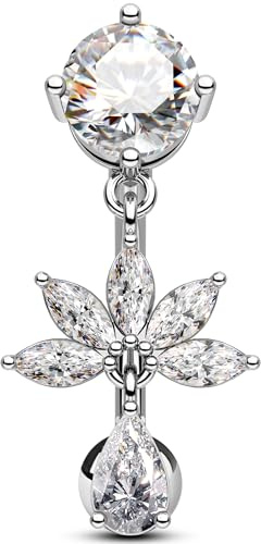 OUFER Piercing Nombril 14G Inversé Or Argent Lotus Nombril Anneau Acier Chirurgical 316L Transparent Zircones Cubiques Pendant Percing au Nombril pour Femmes 10mm