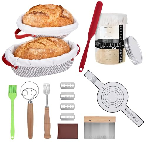 Cestino Lievitazione Pane 11 Pezzi Set, Cestino per Lievitazione Rotondi e Ovali, Frusta per Impasto, Lame per Pane, Raschietto per Impasto, Accessori per Panificazionea, Ideale per e Pasta Madre