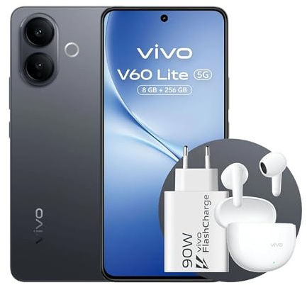 vivo V60 Lite 5G, Coffret avec Buds Air3 + Chargeur 90 W, Batterie BlueVolt 6500 mAh, Appareil Photo IA, Sony IMX882 50 MP, Aura Light, 8+8 Go RAM, 256 Go ROM, Écran AMOLED 120 Hz, IP65, NFC