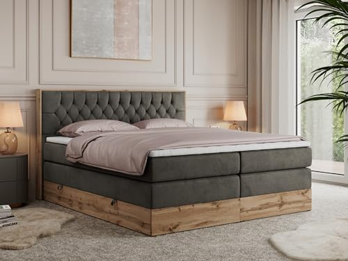 MKS MEBLE King Boxspringbett 200x200 mit Bettkasten und Kopfteil, Bonell Polsterbett mit Matratze H4 und Topper Visco, Bett mit Holzrahmen in Wotan Eiche - Dunkelgrau Velvet - Amore King