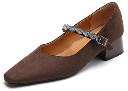 Generico Scarpe Donna Mary Jane Strass Punta Affusolata Tacco Basso Chunky Cinturino Caviglia Regolabile Pelle Scamosciata Comfort Suola Antiscivolo Ufficio Festa Quotidiano,Marrone,40.5 EU
