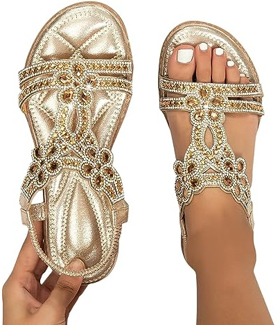 TBloevwlh Sandalias de verano para mujer, elegantes y cómodas, gladiador para mujer, sandalias doradas, zapatos elegantes, elegantes sandalias con tacón y diapositivas para brillar planas blancas