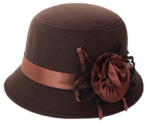 Demarkt Damen Filzhut Melone Mütze Fischerhut Glockenhut mit Blumendetail für Herbst Winter (Kaffeefarbe)